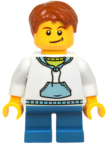 Минифигурка LEGO Child - Boy, White Hoodie with Medium Blue Pocket, Blue Short Legs, Dark Orange Hair, Black Dimple hol037 U